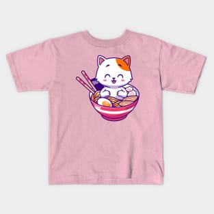 Cute Cat In Ramen Bowl Cartoon Kids T-Shirt